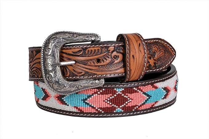 Handmade Beaded Western Men's Leather Belt Quality Thick Durable Wax Colorful Designs Cowboy Style Alloy Classic Fitted Casual Formal Wear in Pant Trouser Jeans Size: W-34-37/L-43in4