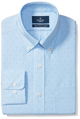 Amazon Brand - Buttoned Down Men's Classic-Fit Button Collar Pattern Non-Iron Dress Shirt, Light Blue Stripe Dot, 18.5