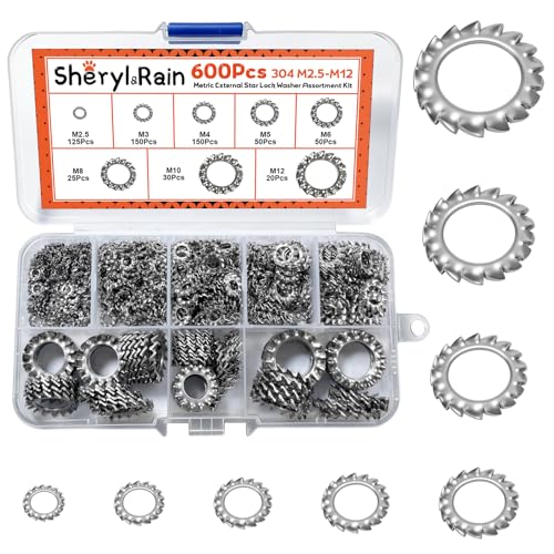 600 Stück Zahnscheibe Sicherungsscheiben, Externe Klemmscheiben Sicherungsringe Set, Edelstahl Unterlegscheiben M2.5 M3 M4 M5 M6 M8 M10 M12, Sternscheibensätze, Zahnscheiben Klemmring Sortiment