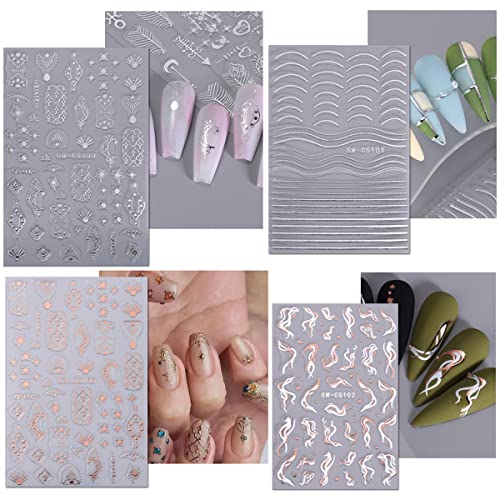 8Sheets Metallic Nail Art Stickers Lip Flame Maple Leaf Nail Decals 3D Self-Adhesive Nail Supplies Stars Moon Silver Rose Gold Line Nail Art Design French Stickers For Women Girls Manicure Decorations #TOP5