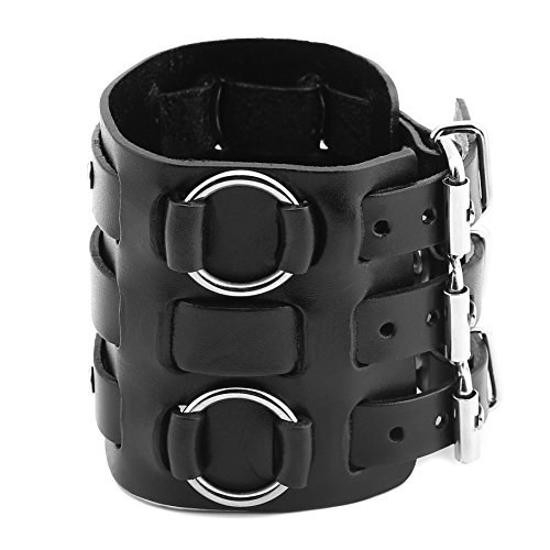 Hzman Men's Alloy Ring Genuine Leather Bracelet Bangle Cuff Silver Tone Adjustable (Black) #TOP3