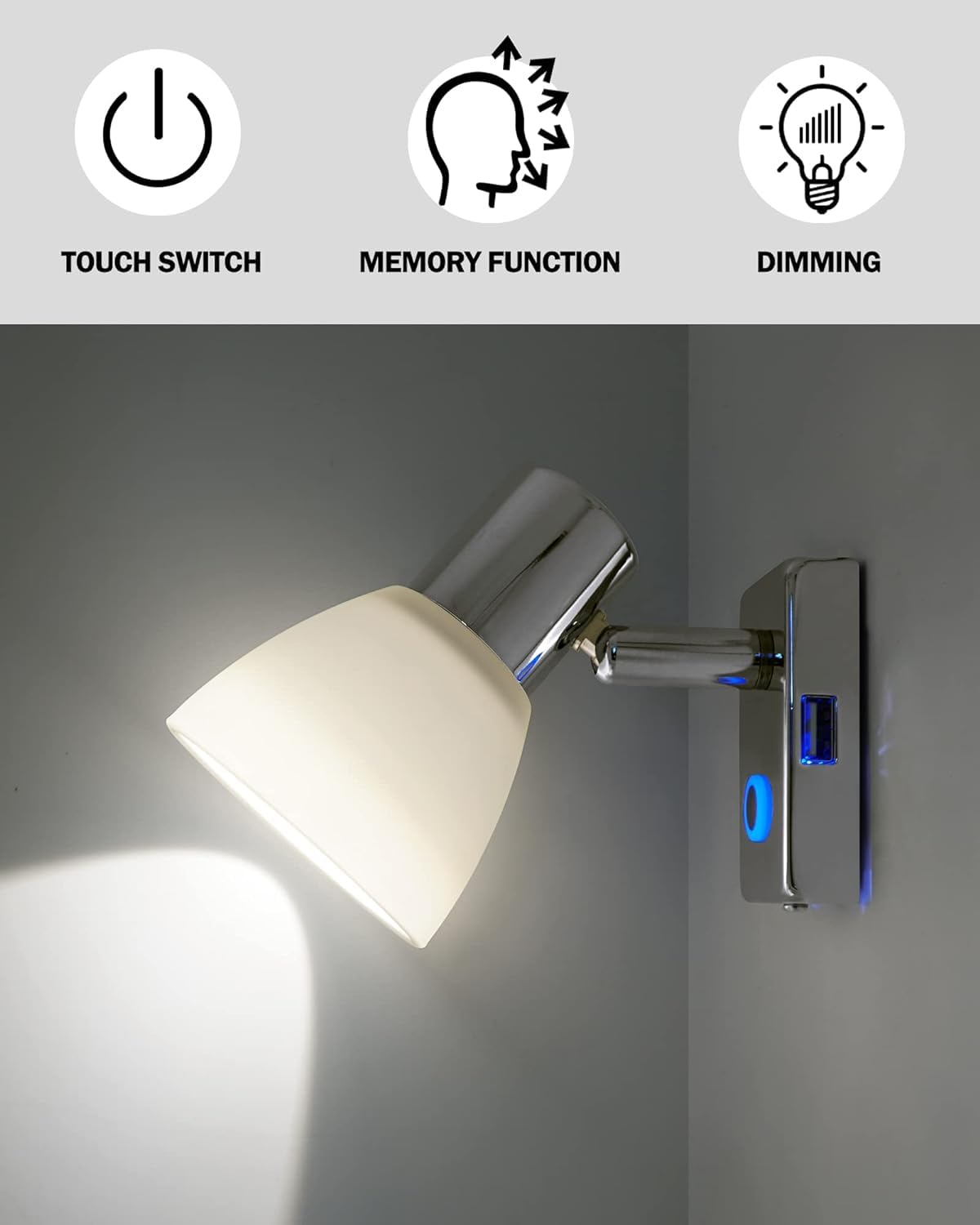 Paquete de 2 luces de lectura para RV con puerto USB, interruptor táctil regulable, luces interiores de RV pantalla de vidrio esmerilado para barco, yate, caravana (cromo)