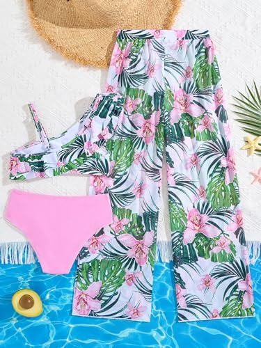 SweatyRocks Girl's 3 Piece Swimsuit Boho Floral Print Ruffled Bikini Top and Mesh Cover Up Pants Bathing Suit2