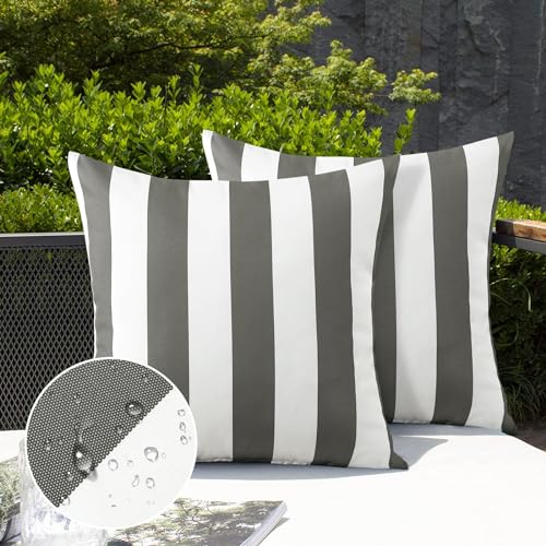 Ohok Wasserdicht Streifen Kissenbezug, 2er Set Dekorativ Outdoor Kissenhülle Deko Sofakissen Couchkissen Zierkissenbezüge für Sofa Wohnzimmer Balkon Garten Auto (Grau, 45x45 cm)