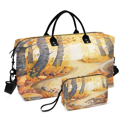 Weekender Bags Travel Duffel Gym Bag Children's Books Illustrate Winding Roads in Golden Maple Forests Squirrels Running with Acorns Mu Carry on Overnight Tote Bag with Toiletry Bag for Airplane Tra