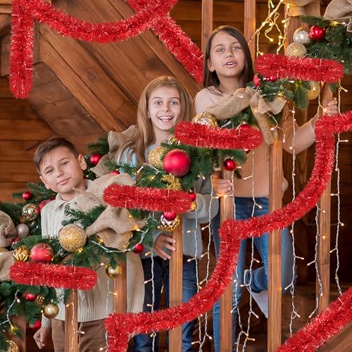 Image of 50 Ft Christmas Tinsel Garland Red Thick Tinsel Garland Xmas Tree Decorations Metallic Tinsel Twist Garland for Christmas, Birthday, Party Decor Indoor Outdoor Party Supplies