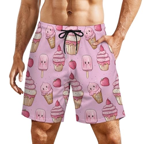 Strawberry Cupcakes and Ice Cream Mens Swim Trunks with Quick-Drying Lining Beach Shorts for Outdoor Sports