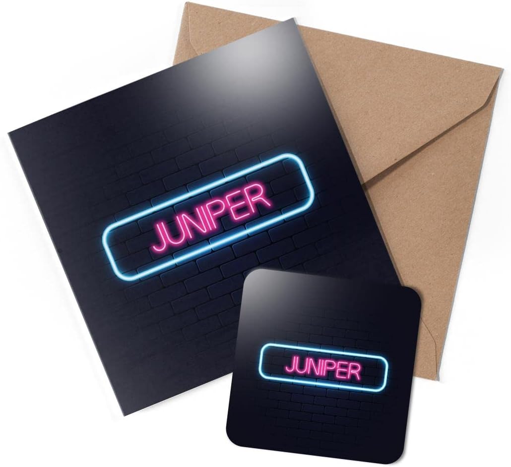1 x Greeting Card & Coaster Set - Neon Sign Design Juniper Name - Birthday Thank You Friend Lover Fan Mum Dad Kids #353112
