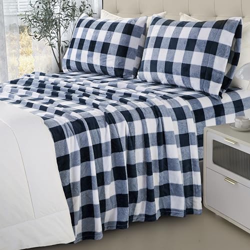 Image of Elegant Comfort Velvet Plush Flannel Sheet Set, King, Buffalo Navy