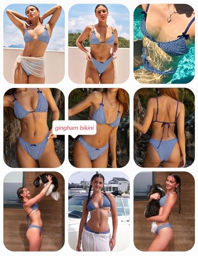 Image of seamoly Women's Bikini Sets Tie Back Bowknot Two Piece Swimsuits Triangle Thong Bathing Suit Gingham Floral Cherry Printing