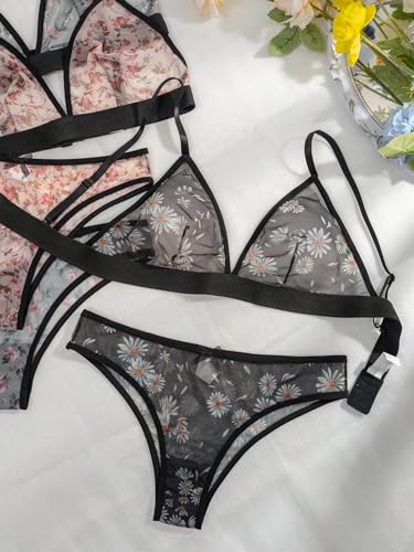 Women's 3 Pack Floral Print Mesh Lingerie Set Wireless Low Rise Sheer Matching Bra and Panty Set4