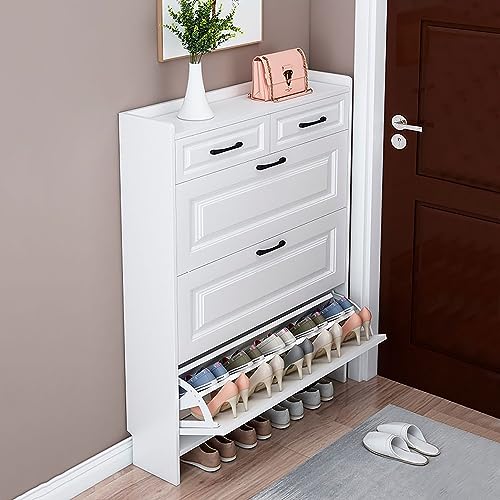 Scarpiera Con Cassetti Ribaltabili 2 Strati | Mobile Per Ingresso Stretto E Sottile Con Ripiano Regolabile | Colore Marrone Rustico | Dimensioni: 90.5x69.5x33 Cm - 3