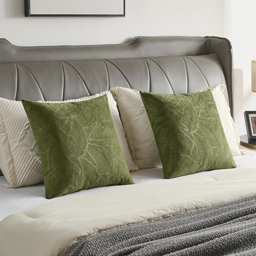 Image of FUTEI Pack of 2 Velvet Throw Pillow Covers 16x16 Inch Soft Embossed Leaf-Relief Textured Decorative Cushion Cases Modern Natural Farmhouse Accent for Couch Bed Living Room, Moss Green