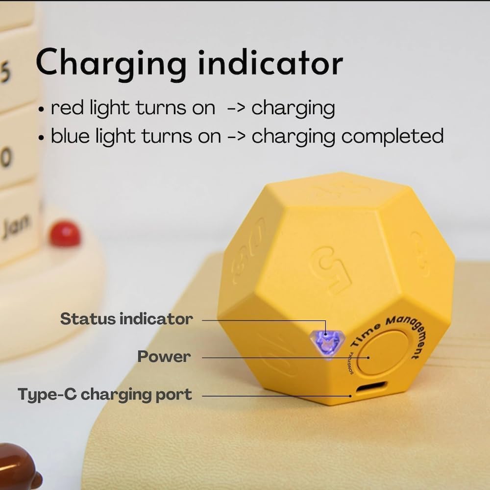 Drehbarer Pomodoro Schreibtisch,Wiederaufladbare Produktivität Timer,Dusche Timer wasserdicht,Magnetische Flip Stummschaltung,Vibration (Yellow&White)