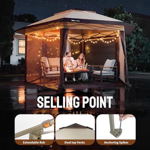 CROWN SHADES 13x13 Pop Up Gazebo with Mosquito Nettings, Patented Center Lock 6-Sided Portable Gazebo, 300D Silver-Coated Fabric UV Resistant, Pop Up Canopy Tent for Patio, Party, Beige&Coffee - Image 6