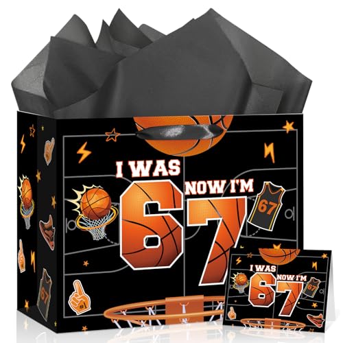 Innovoscape 6 7 Birthday Decorations Gift Bag Basketball 6 7 Meme Wrapping Paper Bag with Tissue Paper Card for Boys Girls Kids Basketball Grow up I was 6 Now I'm 7 Years Old Birthday Party Supplies