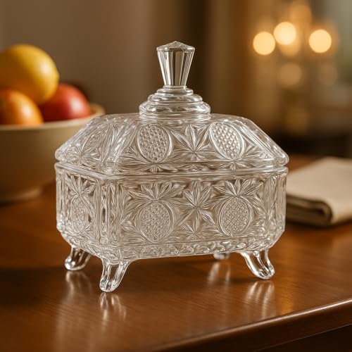 Image of Crystal Glass Candy Jar with Lid | Decorative Candy Dish | Cookie Jar | Elegant Glass Bowl for Home Kitchen Buffet & Office Desk | Jewelry Storage Container (RAJWADI)