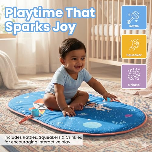 Image of Space Cubs Baby Play Gym & Activity Mat for Newborns | Tummy Time Play Mat with Hanging Sensory Toys, Mirror & Rattles Playgym for Infants