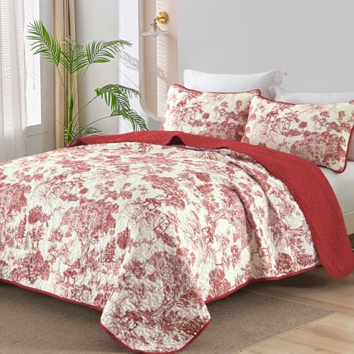WONGS BEDDING Botanical Quilt Set King Size Christmas Red 3 Pieces Floral Plants Printed Bedspread Bedding Set Christmas Soft Lightweight Microfiber Coverlet Set for All Season (104x90)