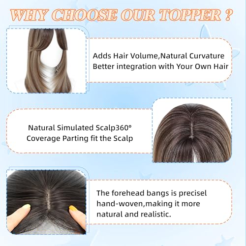 Image of Synthetic Hair Topper with Bangs 18 Inch Layered Toppers for Women with Thinning Hair 5.5 inch x 5 inch hand Tied Forehead Hairline 360 3D Cover Wispy Synthetic Toppers Hair for Women Fiber Wiglets