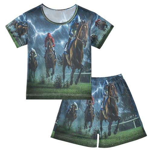 ALAZA Horse Race Magic Pajamas Set Short Sleeve Cotton Sleepwear Summer Pjs 2 Piece 5-14Y