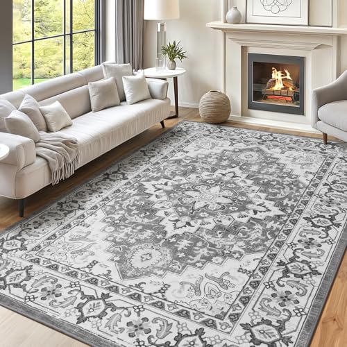Lofus 6x9 Area Rugs for Living Room, Washable Area Rug, Rugs for Bedroom, Kitchen, Vintage Boho Carpet, Soft Non-Slip, Low Pile Large Area Rug for Office Dining Room, Floral Grey