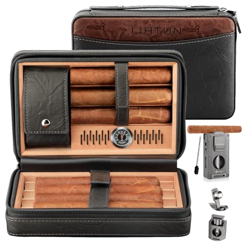 LIHTUN Cigar Humidor, Leather Cedar Wood Travel...