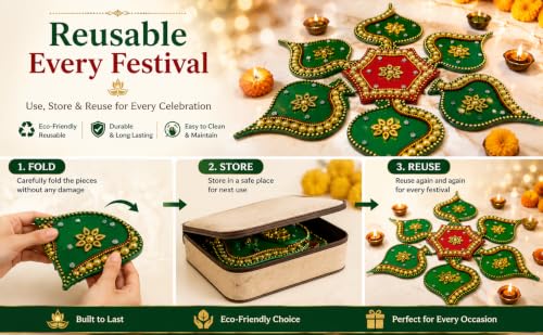 Image of Designer Decorative Handmade Acrylic Rangoli, Paan Design with Pearl and Floral Embellishments, Red and Green, Multi-Colour (R Paan 001) Floor and Wall Decor, Diwali Festive Decoration