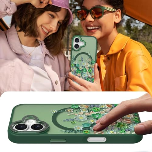 Image of Magnetic for iPhone 17 Case for Women Girls, Green Floral | Pretty Oil Painting Flower Pattern Design [Compatible with MagSafe] Shockproof Slim Translucent Matte Non-Slip Cover