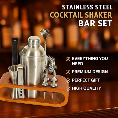 Image of Taluka Cocktail Shaker Set Bartender Kit Bar Set with Stand with All Essential Accessory Tools Cocktail Shaker Jigger /PegMeasure Strainer Muddler Long Mixer Spoon Ice Tong Opener Liquor Pourers