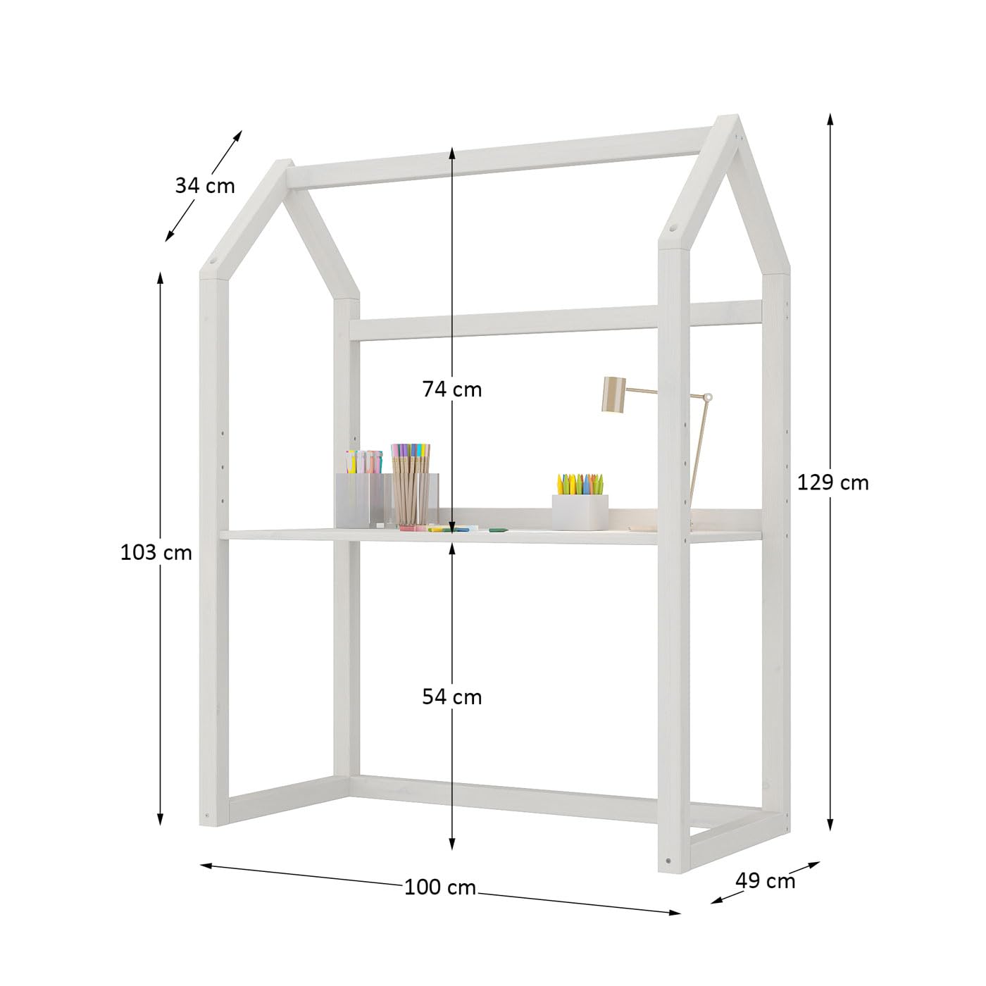 IDIMEX Kinderschreibtisch Tina in Hausform, weiß - höhenverstellbarer Schreibtisch für Kinderzimmer, mitwachsend und individuell anpassbar, aus Kiefer Massivholz