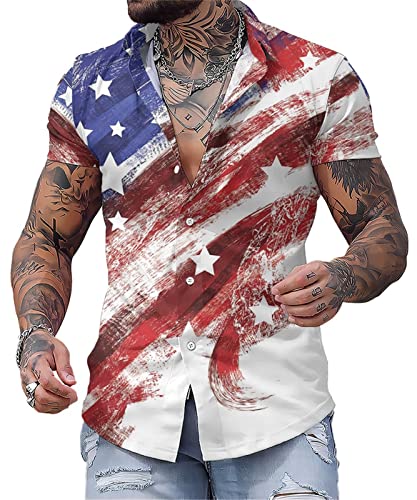 Mens American Flag Button Down Shirts Patriotic Hawaiian Summer Beach Aloha Bowling Shirt Xxxl #TOP3