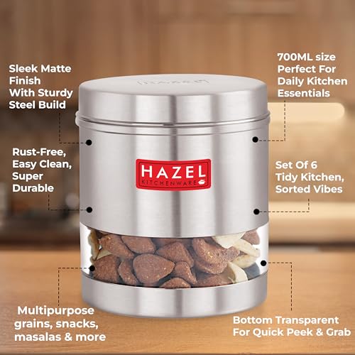 Image of HAZEL Transparent Kitchen Containers Set of 6 | 700ml Airtight Stainless Steel Transparent Storage Jars | Multipurpose Glossy Steel Organizer