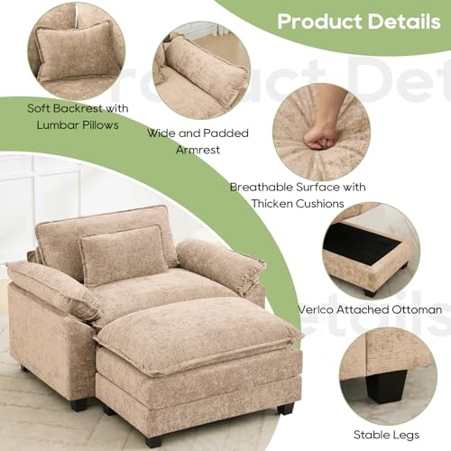 Image of Oprisen 53 inch Modular Sectional Sofa, Comfy Cloud Couch Sectional Sofa with Ottoman, Chenille Sofa Sleeper Deep Seat Sofa with Throw Pillows for Living Room (Khaki)