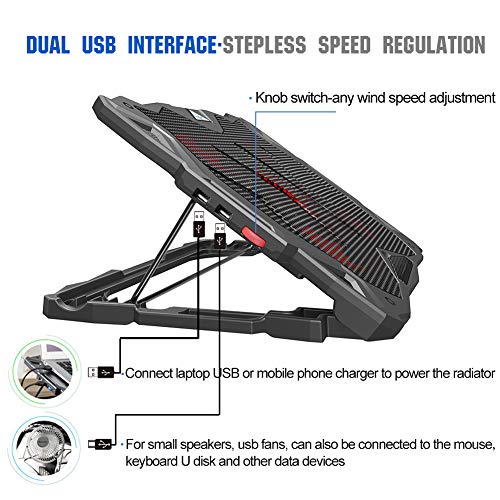 Pccooler Laptop Cooling Pad, Laptop Cooler with 5 Quiet Red LED Fans for 12-17.3 Inch Laptop, Dual USB 2.0 Ports, Portable 6 Angle Adjustable Laptop Stand for Gaming Laptop (PC-R5)