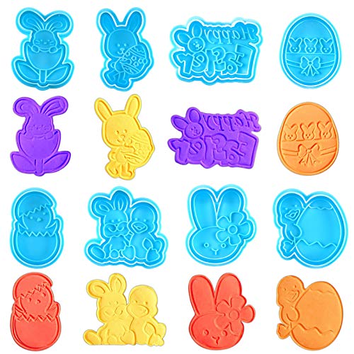 Rainmae 8Pcs Easter Egg Bunny Plunger Cookie, Fondant Craft Cake Decorating Cutter Molds, Cookie Stamp for Cake Decorating with Spring Ejection, 3D Plastic Biscuit Press Stamp Molds DIY Baking Tools