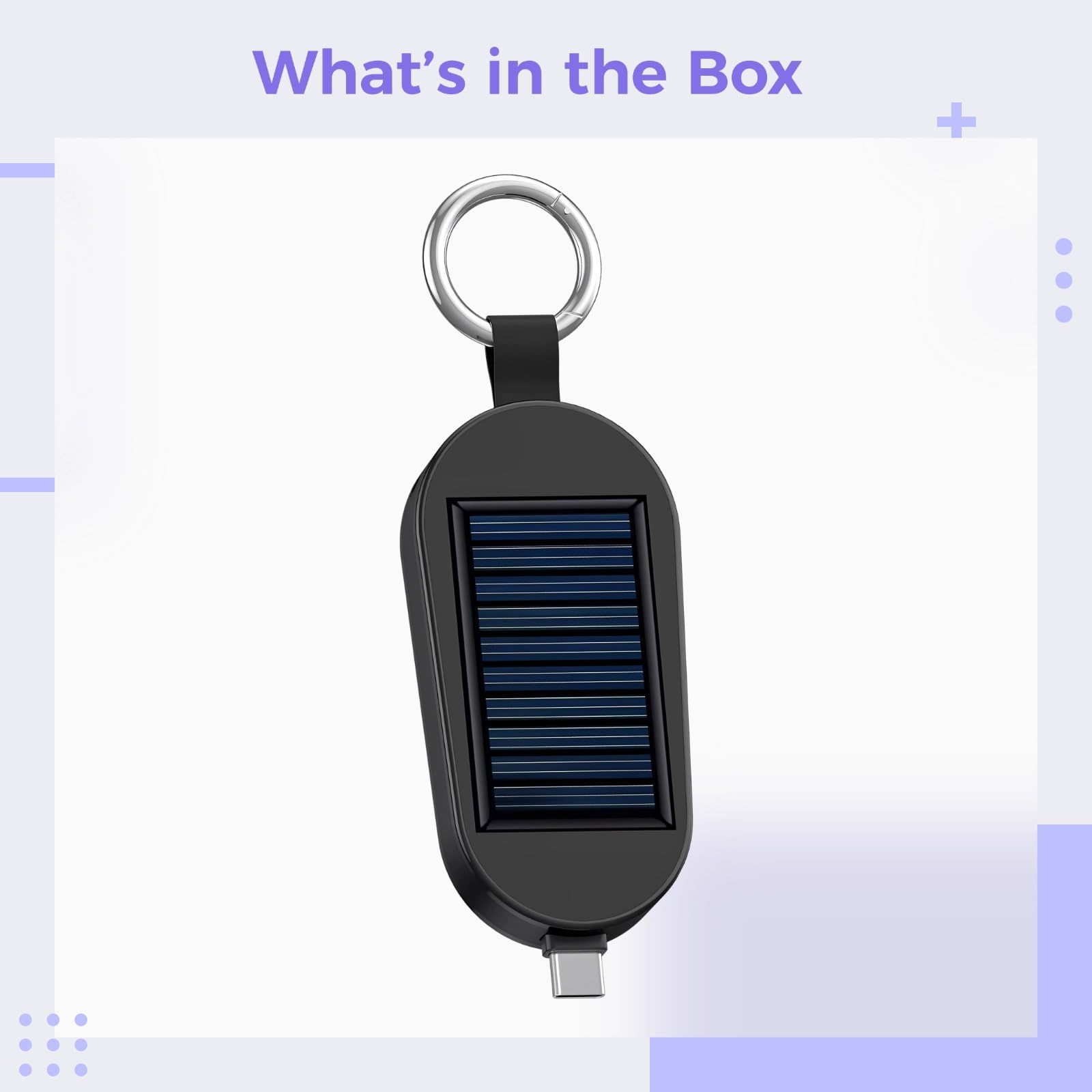 Batterie Externe Solaire Porte-clés, Chargeur Portable Mini Type-C 2000 mAh, Power Bank d'urgence avec connecteur USB-C intégré, Anneau en métal, 8,5 x 4,2 x 1,6 cm pour téléphone et Montre connectée
