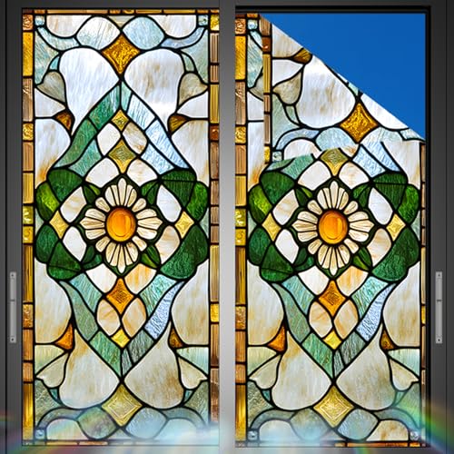 Image of Nuxovilar Stained Glass Floral Window Film, 17.7x39.4inch | Central Sunflower Pattern Static Cling for Home & Decor (Sparkle)