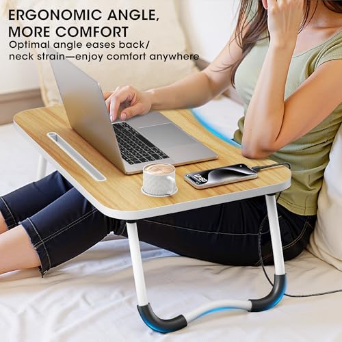 Image of Folding Lap Desk, 23.6 Inch Wood Laptop Bed Desk with Cup Holder, Portable Bed Table for Working Writing Reading, Eating for Bed, Floor, Sofa, Couch - Yellow