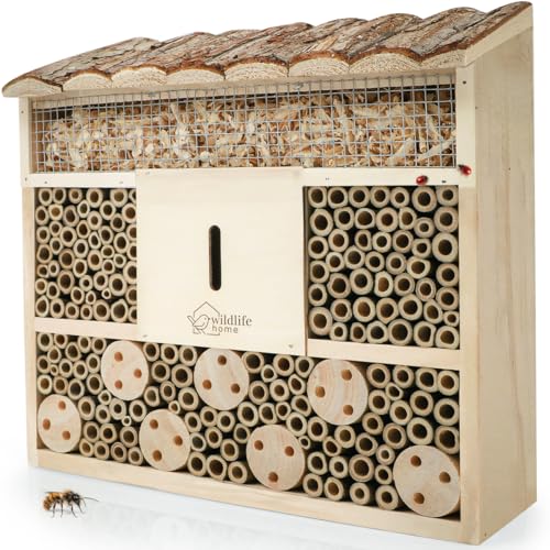 WILDLIFE HOME Bienenhotel Insektenhotel mit Rindendach I Unbehandelt, Bienenhaus aus Massiv-Holz für Bienen, Marienkäfer & Florfliegen, Insektenhaus I...