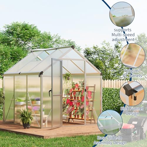 6x6 FT Greenhouse for Outdoors, Polycarbonate Greenhouse with Roof Vent, Ground Nails, Lockable Push Door, Aluminum Large Walk-in Green House for Outside Garden Backyard, Patio, Lawn, Silver