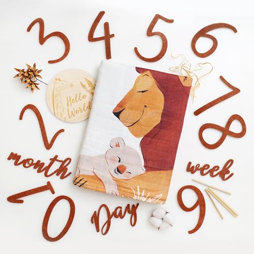 Image of Miaoberry Safari Baby Milestone Blanket, Africa Jungle Theme Monthly Photo Growth Tracker with Giraffe, Lion, Elephant with Hello World Sign