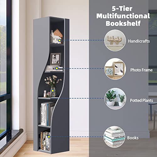 Fuqarhy 63'' Tall Storage Cabinet Organizer Wood Narrow Floor Freestanding Cabinet, 5-Tier Corner Bookcase For Kids Room Home Office Living Room Bedroom Study(Grey) #TOP3