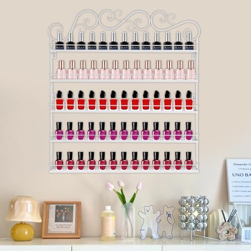 Image of 5 Tier Metal Wall Mounted Nail Polish Rack - White Cosmetic & Essential Oil Storage Shelf Display Organizer with Protective Strips for 100-120 Bottles, Perfect for Home Salon, Spa Shops & Vanity