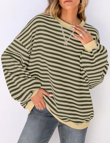 Image of UEU Women Oversized Striped Crewneck Sweatshirt Long Sleeve Color Block Pullover Tops Casual Loose Workout Shirt