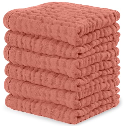 Image of Comfy Cubs Muslin Baby Washcloths 6 Pack - Soft 6-Layer Cotton Wash Cloths for Sensitive Skin - 10 inchx10 inch Large, Gentle, Absorbent Infant Essentials for Newborn and Toddlers - Dusty Rose