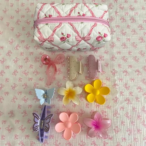 Trnerm Small Makeup Bag Quilted Cosmetic Bag Coquette Makeup Pouch Makeup Organizer Pink Ribbons Small Travel Makeup Bag Travel Toiletry Bag for Women Girls4