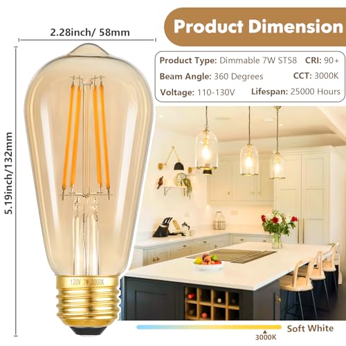 Image of Kondras 7W Dimmable LED Light Bulbs, 60Watt Equivalent Edison Bulbs, ST58 Amber Glass Vintage LED Bulbs, Warm White 2700K, E26 Base, CRI 90+, 25000+ Hours, Great Decorative Bulb for Commercial, 6-Pack