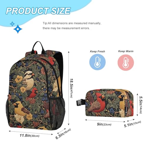 Travel Backpack Lunch Bag Set for Hiking Picnic, Backpacks with Insulated Lunch Box Bird Embroidery Print2