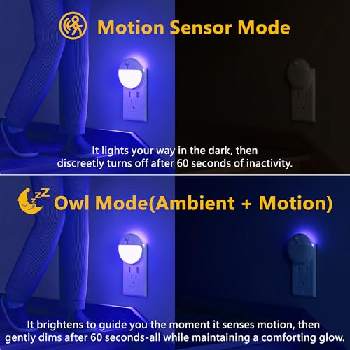 Image of YUNLEX 2 Pack Plug in Night Light with Motion Sensor and Dusk to Dawn Sensor, Stepless Dimming, Blue LED Nightlight with 3 Lighting Ways for Bathroom, Bedroom, for Girls, Boys, Adults
